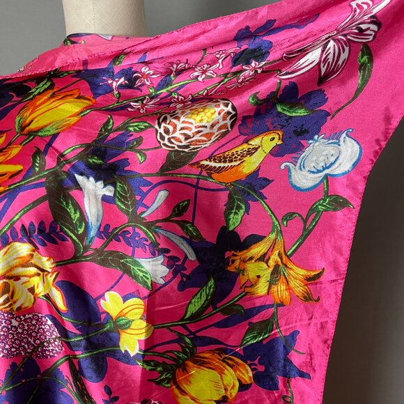 Bright Pink Floral Scarf Horses Birds Maximalist Polyester Square Vibrant Colors - Picture 2 of 13